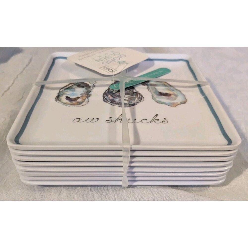 NWT Sigrid Olsen 8 Plates Appetizer Oyster Square Melamine Aw Shucks Nautical 6" - Picture 8 of 11